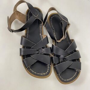 Salt Water Sandals Womens Size 6 Black Leather Strappy Ankle Strap Hoyway Flat